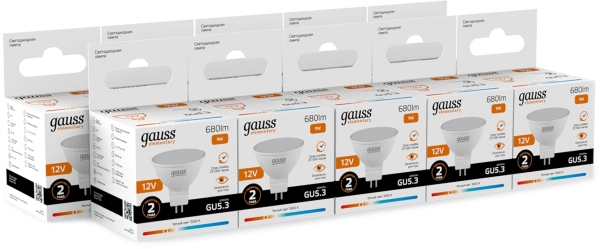 Лампа светодиодная Gauss Elementary 9Вт цок.:GU5.3 софит 12B св.свеч.теп.св./дневн. (упак.:10шт) (11519)