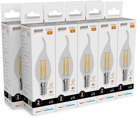 Лампа филам. Gauss Filament 8Вт цок.:E14 свеча 220B св.свеч.бел.теп. (упак.:10шт) (42118)