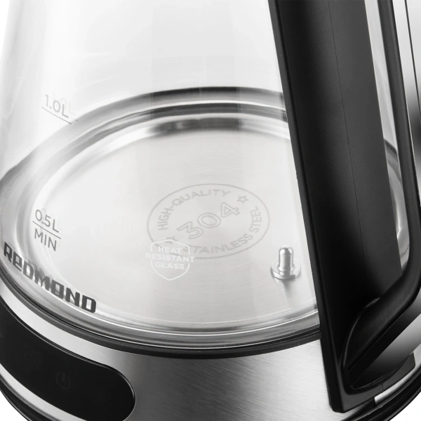 Чайник электрический Redmond KG222 1.5л. 2200Вт серебристый/черный корпус: стекло/сталь