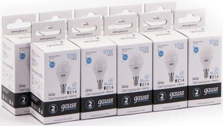 Лампа светодиодная Gauss Elementary 10Вт цок.:E14 шар 220B 4100K св.свеч.бел.нейт. (упак.:10шт) (53120)