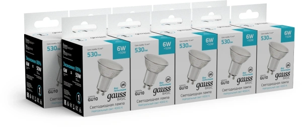 Лампа светодиодная Gauss Basic 6Вт цок.:GU10 софит св.свеч.бел.нейт. (упак.:10шт) (10106262)