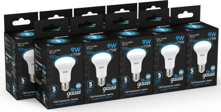 Лампа светодиодная Gauss 106002309 9Вт цок.:E27 рефлек. 150B 6500K св.свеч.бел.хол. R63 (упак.:1шт)