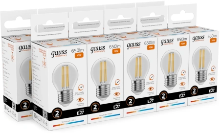 Лампа филам. Gauss Filament 10Вт цок.:E27 шар 220B св.свеч.бел.теп. (упак.:10шт) (52210)