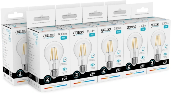 Лампа филам. Gauss Filament 11Вт цок.:E27 груша 220B св.свеч.бел.нейт. (упак.:10шт) (22221)