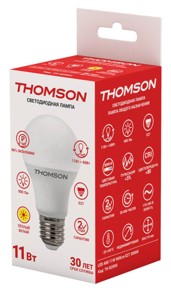 Лампа светодиодная Thomson TH-B2005 11Вт цок.:E27 груша 220B 3000K св.свеч.бел.теп. A (упак.:1шт)