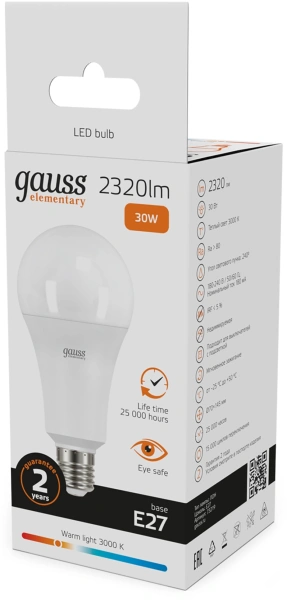 Лампа светодиодная Gauss Elementary A67 30Вт цок.:E27 (упак.:10шт) груша 220B св.свеч.бел.теп. А67 (