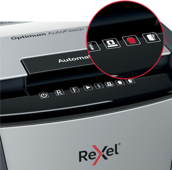 Шредер Rexel Optimum AutoFeed 750X черный с автоподачей (секр.P-4) фрагменты 750лист. 140лтр. скрепки скобы пл.карты