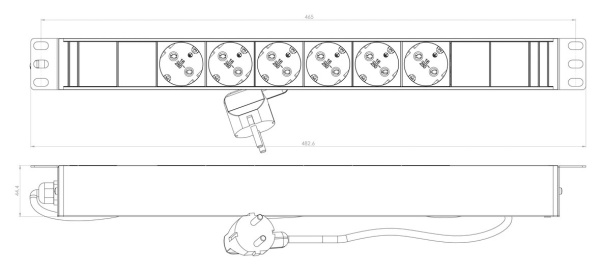 Блок распределения питания Hyperline SHE19-6SH-2.5EU гор.размещ. 6xSchuko базовые 16A Schuko 2.5м
