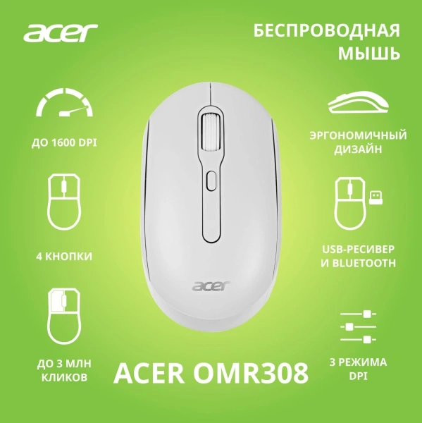 Мышь Acer OMR308 белый оптическая (1600dpi) беспроводная USB (4but)