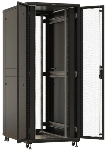 Шкаф серверный Hyperline TTBR-4282-DD-RAL9004 напольный 42U 800x1200мм пер.дв.перфор.2ств. 4 бок.пан. задн.дв.перфор.2-хст. 1000кг черный 1110мм 2055мм IP20 сталь