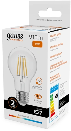 Лампа филам. Gauss Filament 11Вт цок.:E27 груша 220B св.свеч.бел.теп. (упак.:10шт) (22211)