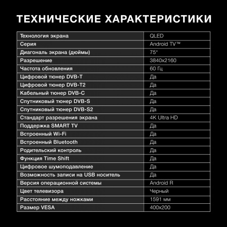 Телевизор QLED Hyundai 75" H-LED75QBU7500 Android TV Frameless черный/серебристый 4K Ultra HD 60Hz DVB-T DVB-T2 DVB-C DVB-S DVB-S2 USB WiFi Smart TV