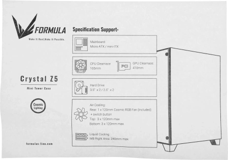 Корпус Formula Crystal Z5 TG белый без БП mATX 11x120mm 2xUSB2.0 1xUSB3.0 audio bott PSU