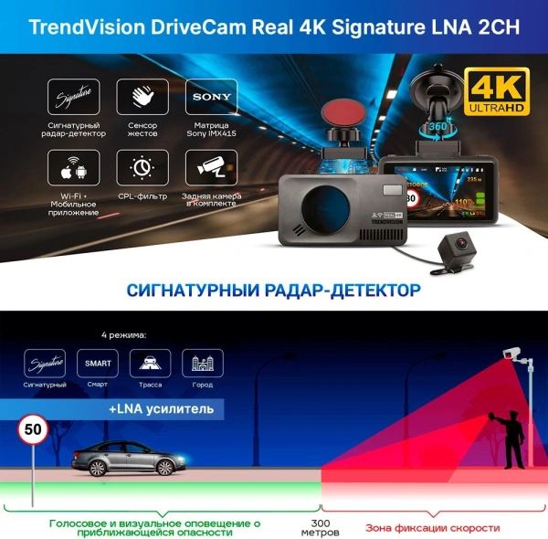 Видеорегистратор с радар-детектором TrendVision DriveCam Real 4K Signature LNA 2CH GPS ГЛОНАСС черный