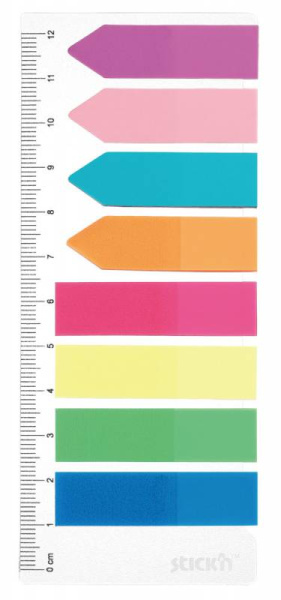 Закладки самокл. индексы пластиковые Stick`n 21346 8цв.в упак. 25лист на линейке 12x45мм прямоуг+12x42мм стрелки европодвес