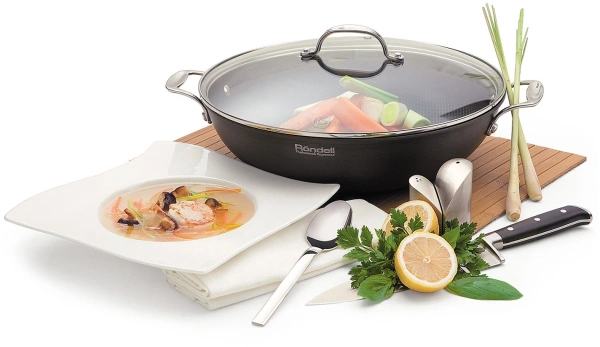 Сковорода ВОК (WOK) Rondell Elements RDA-114 круглая 32см покрытие: TriTitan ручка несъемная (с крышкой) черный