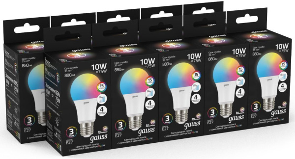 Лампа светодиодная Gauss 102102410 10Вт цок.:E27 груша 220B св.свеч.RGB A60 (упак.:1шт)