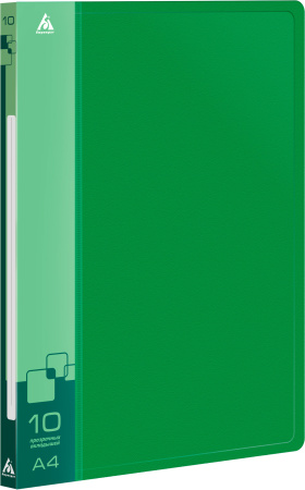 Папка с 10 прозр.вклад. Бюрократ -BPV10GRN A4 пластик 0.6мм торц.карм с бум. встав зеленый