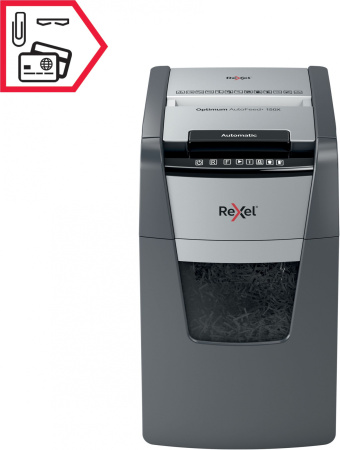 Шредер Rexel Optimum AutoFeed 150X черный с автоподачей (секр.P-4) фрагменты 150лист. 44лтр. скрепки скобы пл.карты