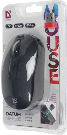 Мышь Defender Datum MM-285 черный оптическая 1600dpi беспров. USB 2but (52285)