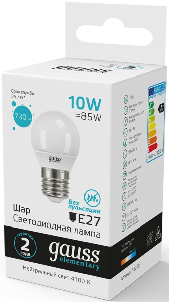 Лампа светодиодная Gauss Elementary 10Вт цок.:E27 шар 220B 4100K св.свеч.бел.нейт. (упак.:10шт) (53220)