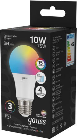 Лампа светодиодная Gauss 102102410 10Вт цок.:E27 груша 220B св.свеч.RGB A60 (упак.:1шт)