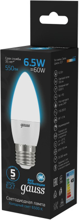 Лампа светодиодная Gauss 103102307 6.5Вт цок.:E27 свеча 220B 6500K св.свеч.бел.хол. (упак.:10шт)