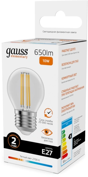 Лампа филам. Gauss Filament 10Вт цок.:E27 шар 220B св.свеч.бел.теп. (упак.:10шт) (52210)