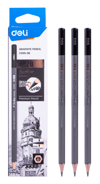 Карандаш ч/г Deli EC005-2B Scribe 2B шестигран. тополь т.сер. корпус карт.кор. (12шт)