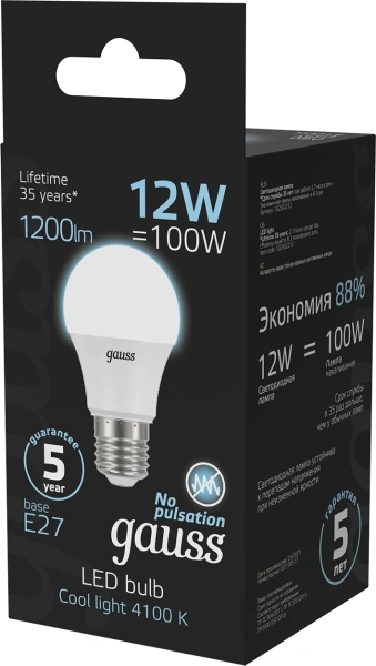 Лампа светодиодная Gauss A60 12Вт цок.:E27 груша 220B 4100K св.свеч.бел.нейт. A60 (упак.:1шт) (102502212)