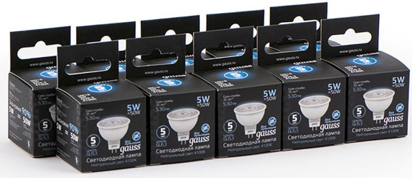 Лампа светодиодная Gauss Black 5Вт цок.:GU5.3 рефлек. 220B 4100K св.свеч.бел.нейт. MR16 (упак.:10шт) (101505205)