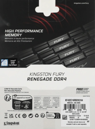 Память DDR4 2x32GB 3200MHz Kingston KF432C16RB2K2/64 Fury Renegade Black RTL Gaming PC4-25600 CL16 D