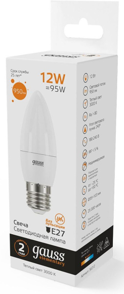 Лампа светодиодная Gauss Elementary 30212 12Вт цок.:E27 свеча 220B 3000K св.свеч.бел.теп. (упак.:10шт)