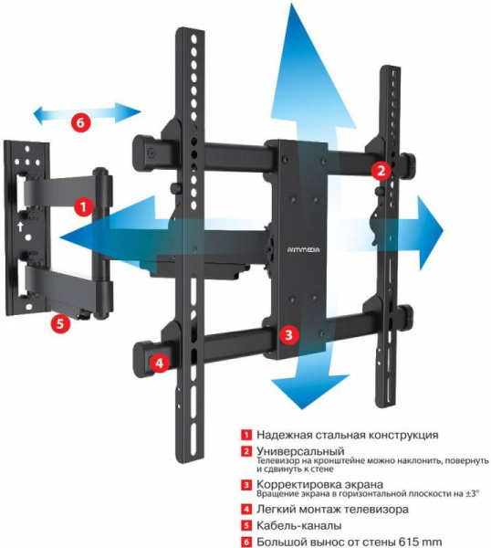 Кронштейн для телевизора Arm Media PARAMOUNT-40 черный 26"-65" макс.50кг настенный поворот и наклон