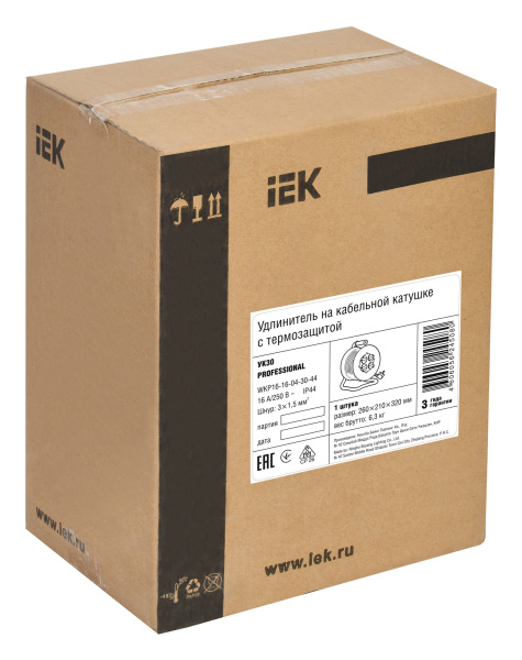 Удлинитель силовой IEK Professional (WKP16-16-04-50-44) 3x1.5кв.мм 4розет. 50м КГ 16A метал.катушка серый