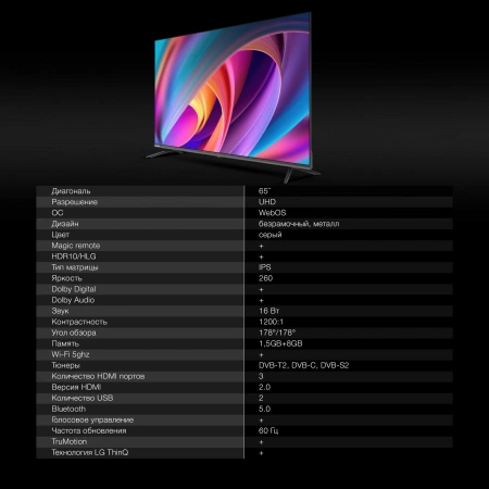 Телевизор LED Hyundai 65" H-LED65BU7100 WebOS Frameless Metal серый/серый 4K Ultra HD 60Hz MEMC DVB-T DVB-T2 DVB-C DVB-S DVB-S2 USB WiFi Smart TV