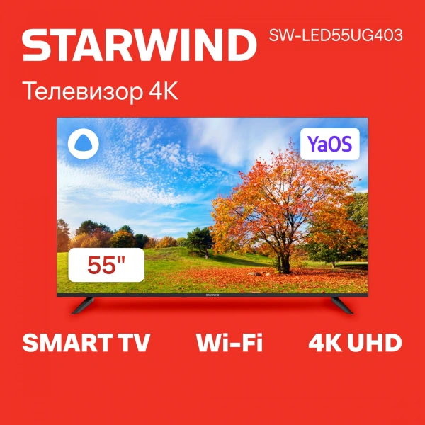 Телевизор LED Starwind 55" SW-LED55UG403 Яндекс.ТВ Frameless черный 4K Ultra HD 60Hz DVB-T DVB-T2 DVB-C DVB-S DVB-S2 USB WiFi Smart TV