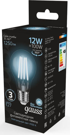 Лампа светодиодная Gauss Filament 102902212 12Вт цок.:E27 груша 185B 4100K св.свеч.бел.нейт. грушевидная (упак.:1шт)