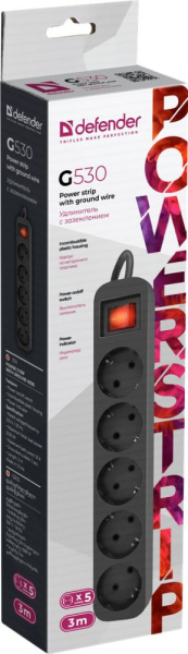 Сетевой удлинитель Defender G530 3м (5 розеток) черный (коробка)