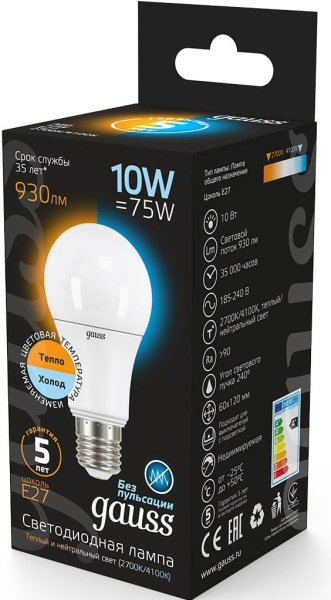 Лампа светодиодная Gauss A60 10Вт цок.:E27 груша 220B 2700K св.свеч.бел.теп. (упак.:1шт) (102502110-T)