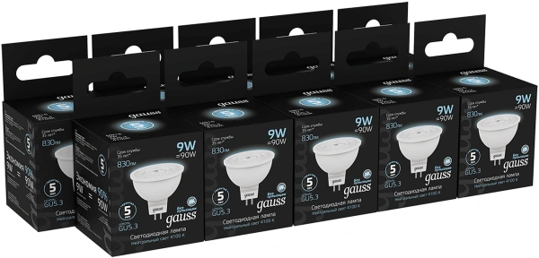 Лампа светодиодная Gauss 101505209 9Вт цок.:GU5.3 рефлек. 220B св.свеч.бел.нейт. MR16 (упак.:10шт)