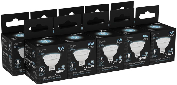 Лампа светодиодная Gauss 101505209 9Вт цок.:GU5.3 рефлек. 150B 4100K св.свеч.бел.нейт. MR16 (упак.:1шт)