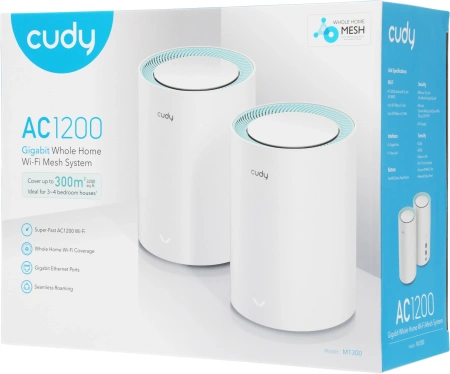 Бесшовный Mesh роутер Cudy M1300 (M1300 2-PACK) AC1200 10/100/1000BASE-TX/Wi-Fi белый (упак.:2шт)