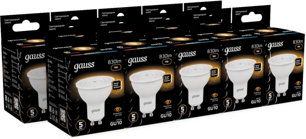 Лампа светодиодная Gauss 101506109 9Вт цок.:GU10 рефлек. 220B св.свеч.бел.теп. MR16 (упак.:10шт)