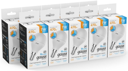 Лампа светодиодная Gauss Basic 1053147 7Вт цок.:E14 шар 220B св.свеч.многоцв. (упак.:10шт)