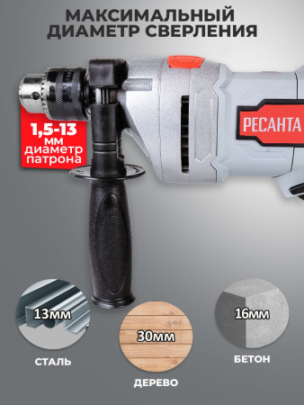 Дрель ударная Ресанта ДУ-16/1100МК 1100Вт патрон:кулачковый реверс (кейс в комплекте) (75/8/5)