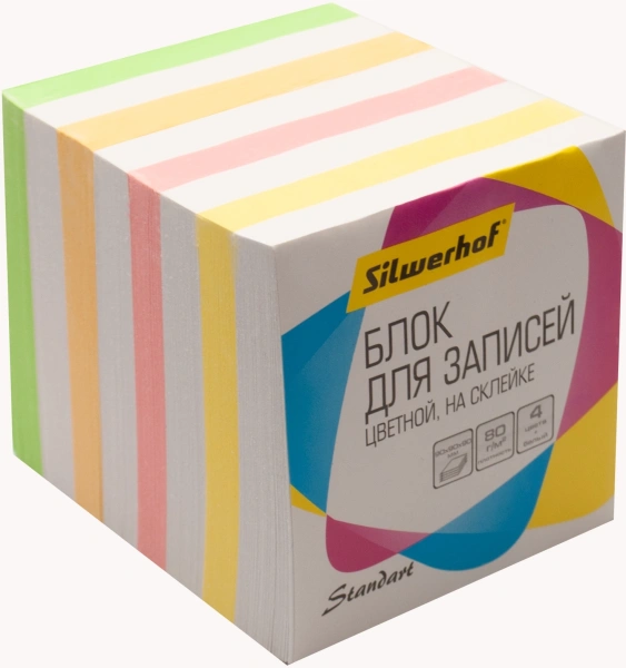 Блок для записей бумажный Silwerhof Стандарт 701045 90х90х90мм 80г/м2 ассорти 5цв.в упак. на склейке