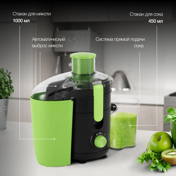 Соковыжималка центробежная Hyundai HY-JE1625 500Вт рез.сок.:400мл. черный/зеленый