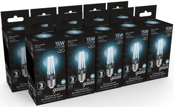 Лампа светодиодная Gauss Filament 102902215 15Вт цок.:E27 груша 220B 4100K св.свеч.бел.нейт. (упак.:1шт)