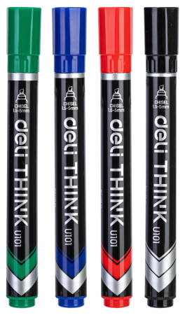 Набор маркеров перманентных Deli EU10101 Think скошенный пиш. наконечник 1.5-5мм 4цв. пакет с европодвесом (4шт.)